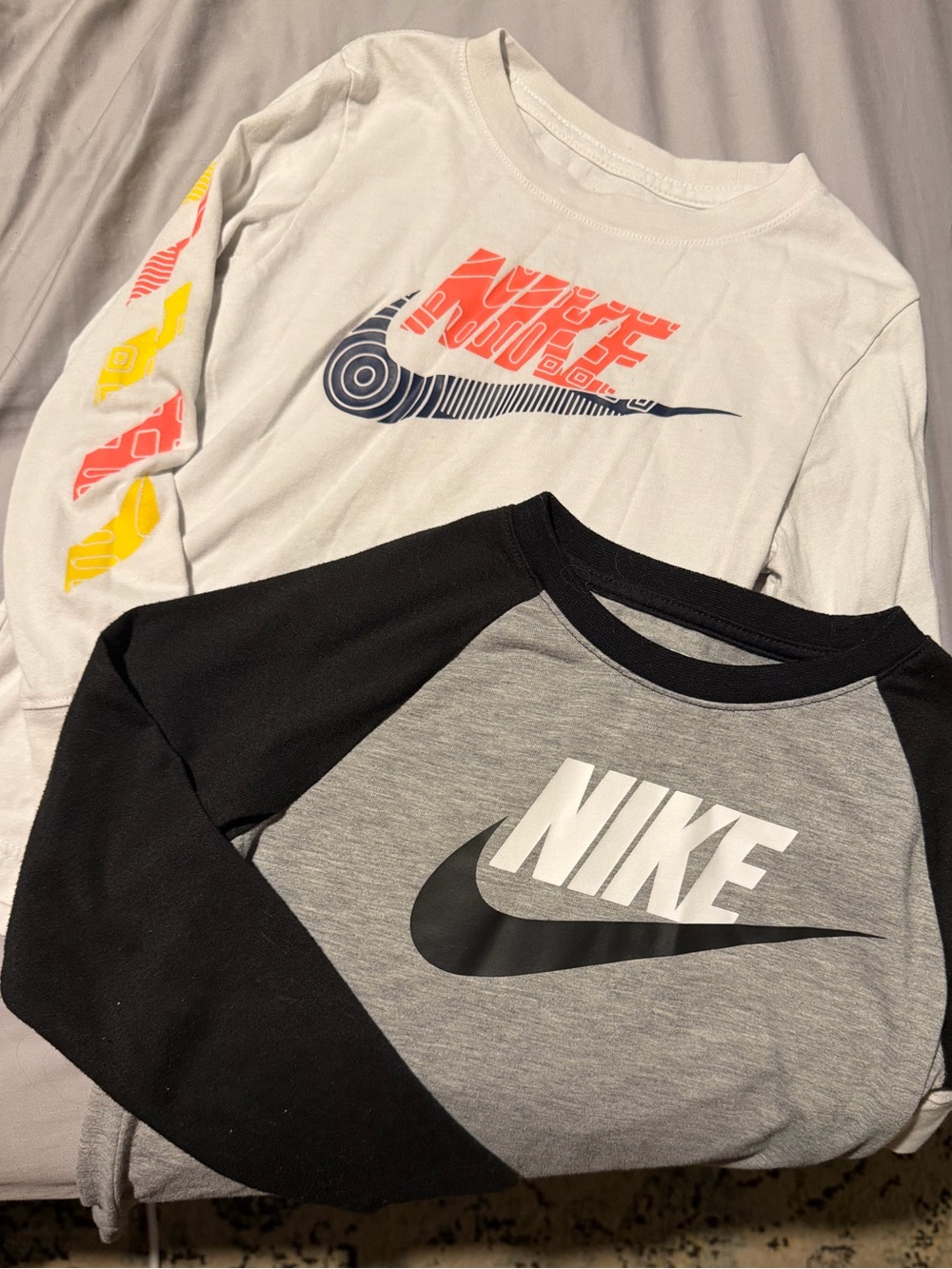 Nike Kids Long-Sleeve Tees - White, Gray & Black with Colorful Sleeve Accents
